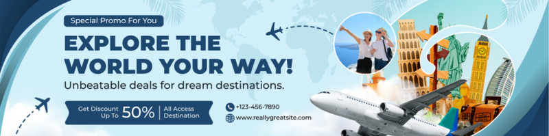 Blue and White Modern Tour and Travel Promo Billboard Web Ad