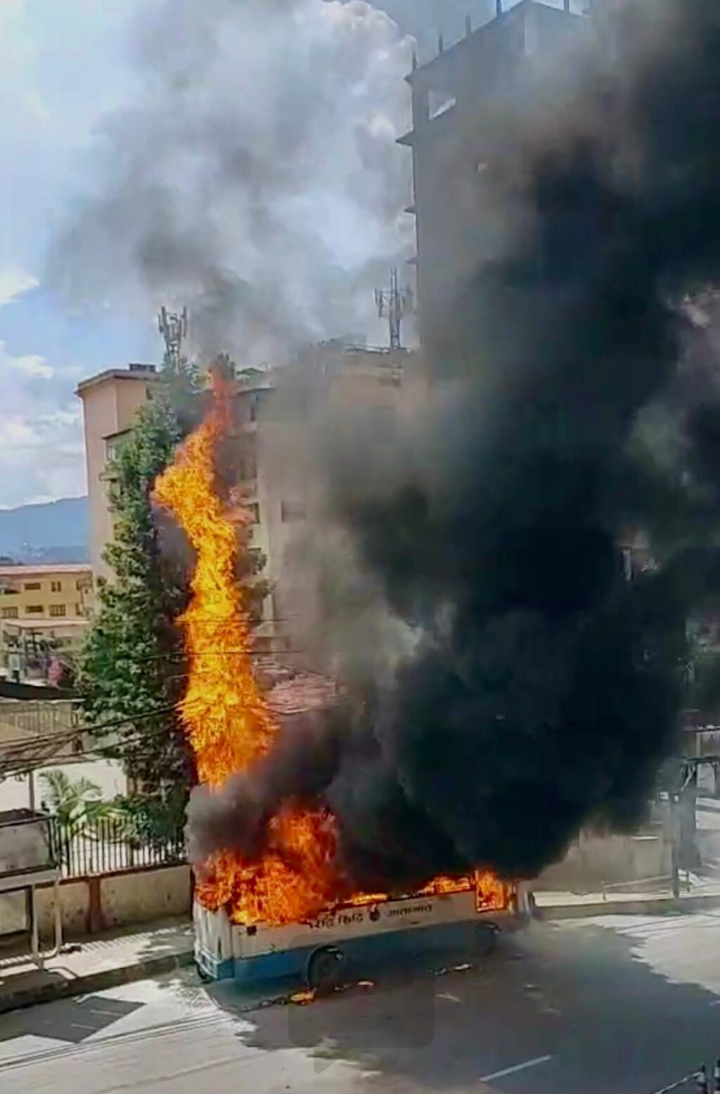 Bus catches fire in Tripureshwor, Kathmandu