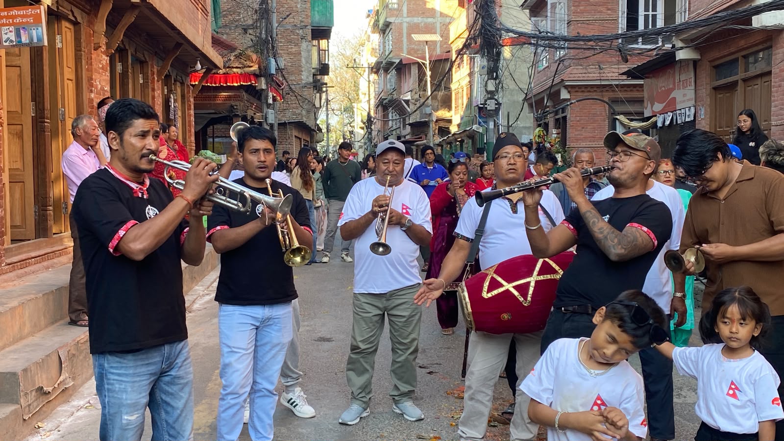 Musicians play brass and drums during Hadigaun Jatra