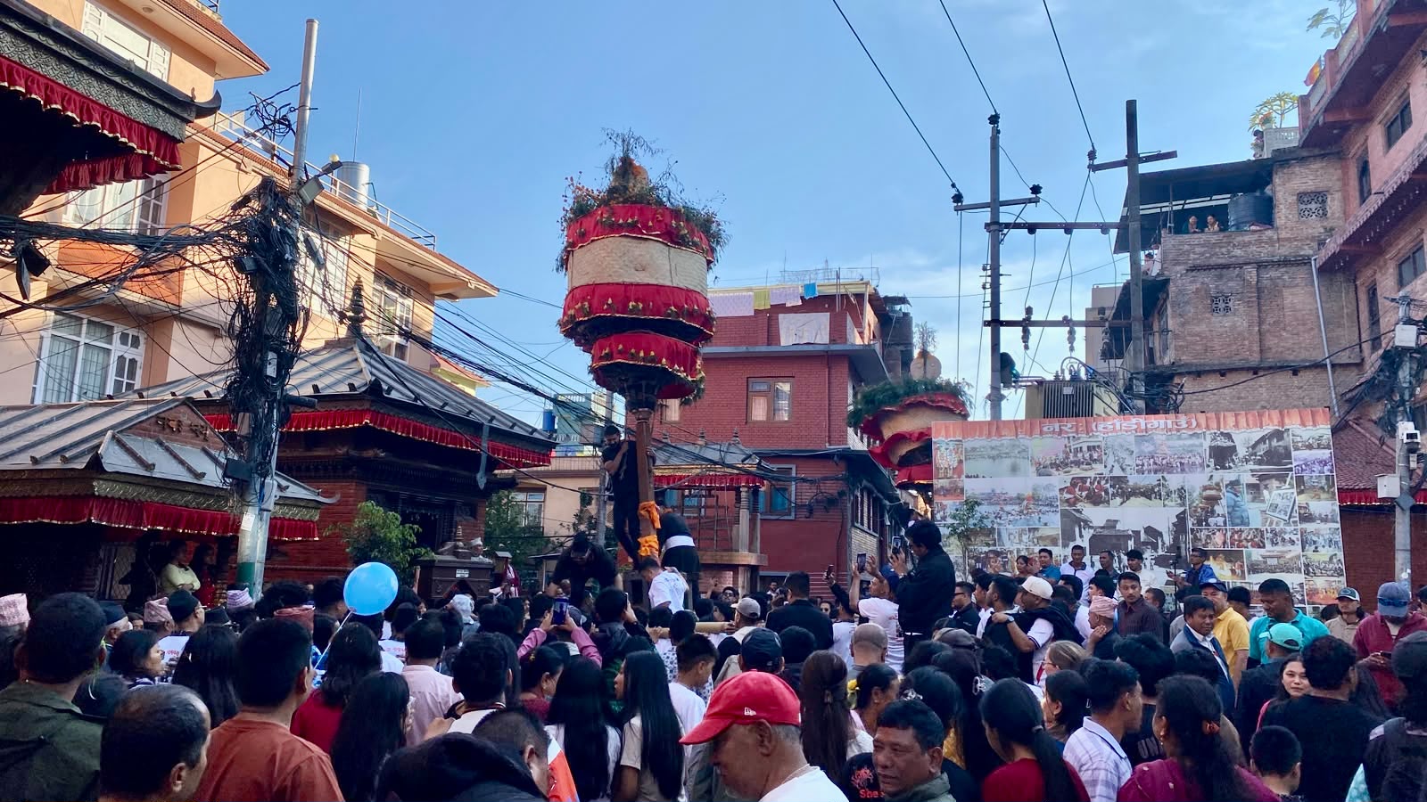Crowds gather around the khats of Hadigaun Jatra in Kathmandu