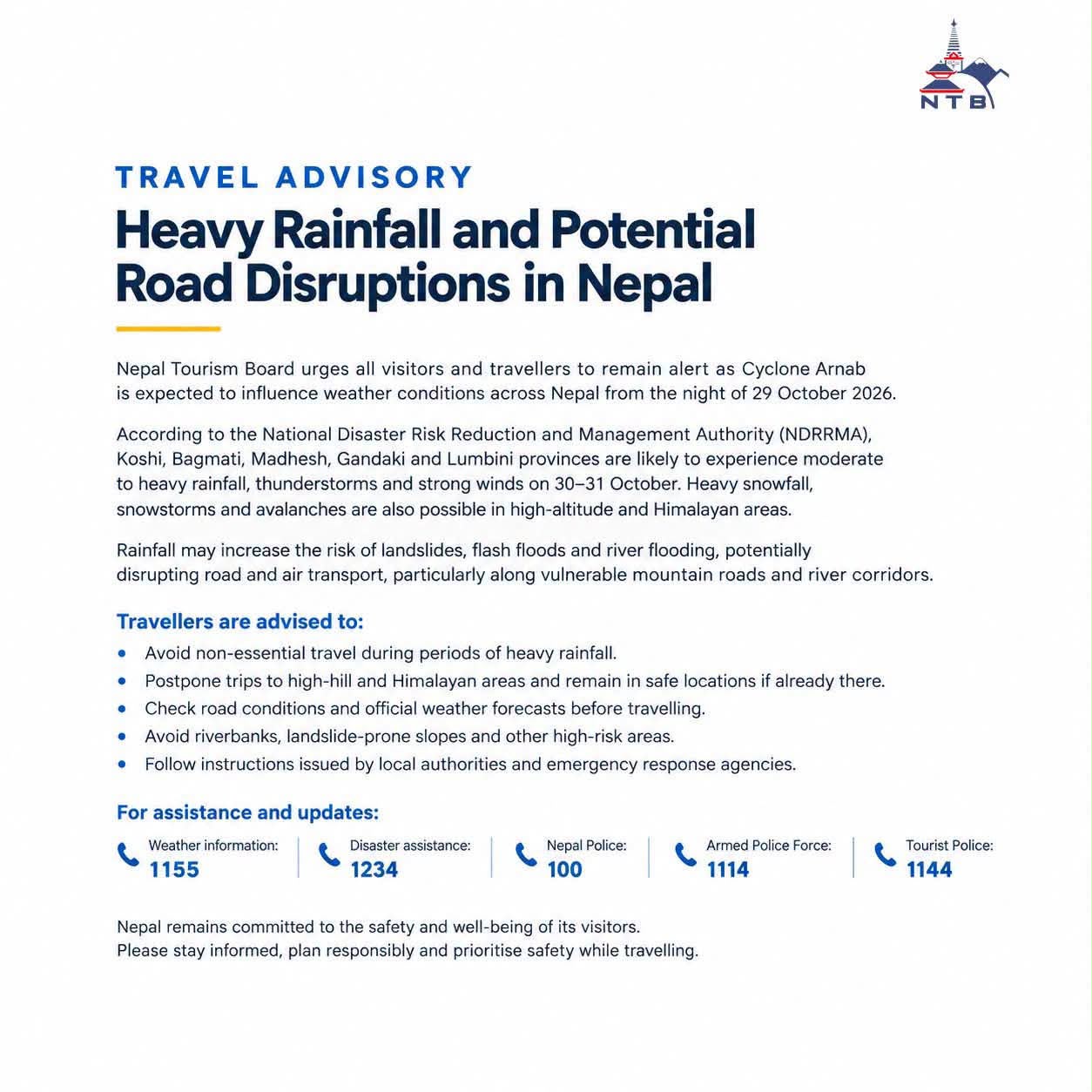 Nepal Tourism Board travel advisory on Cyclone Arnab, heavy rainfall and potential road disruptions in Nepal